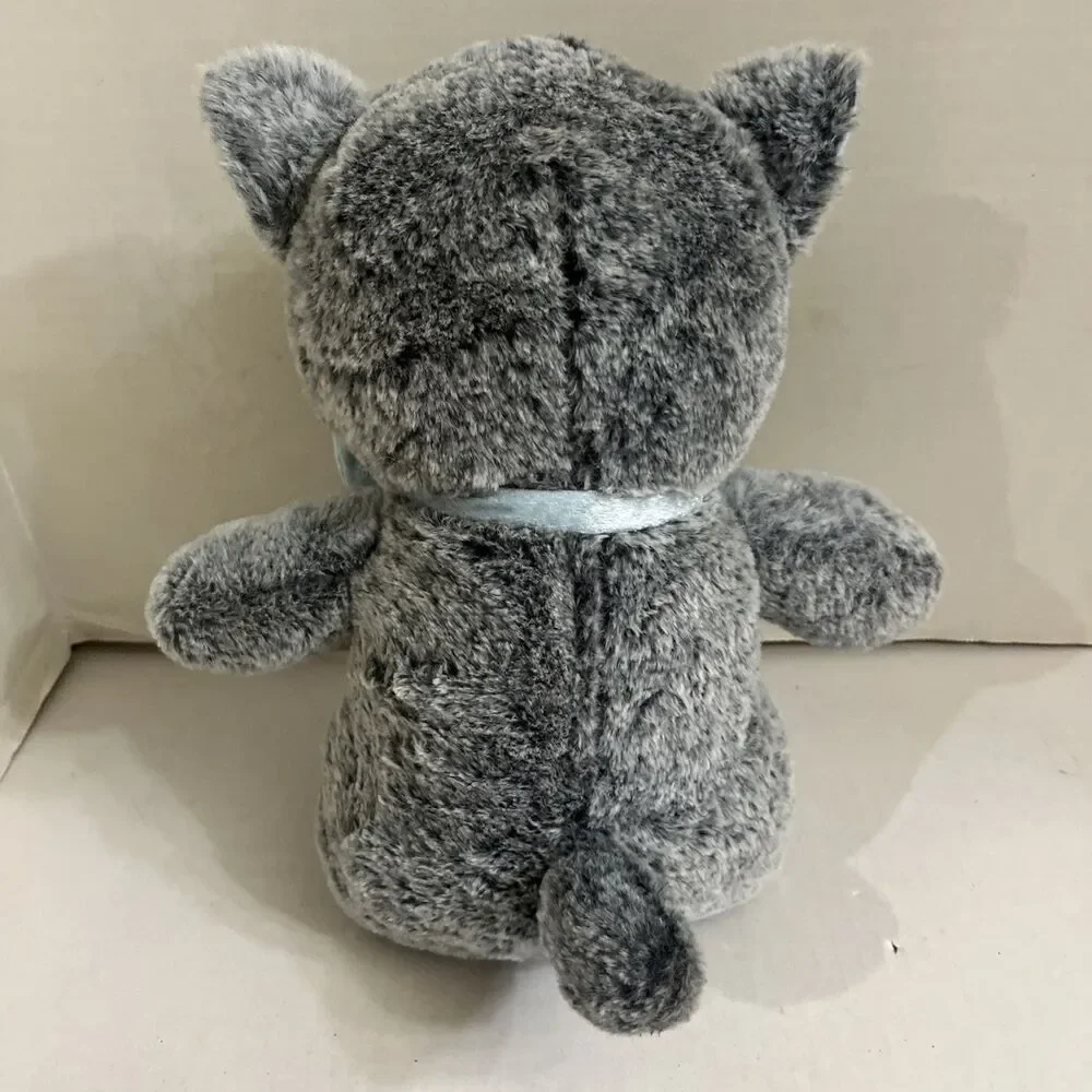 Lucky the Cat Grey & Blue Bow Squeaker Stuffed Animal Embroidered Eyes 10”